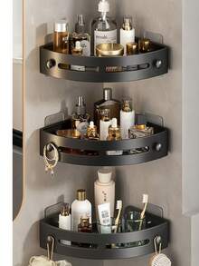 2pcs Plastic Corner Draining Storage Boxes With Built-In Hooks, No-Drilling Patch-Type Bathroom Organizer - Space-Saving Anti-Slip Shower Storage For Shampoo/Body Wash/Cosmetics, Multi-Purpose Shelf For Kitchen/Apartment, Easy-To-Install Home Decoration & Bathroom Essentials, Perfect Christmas Gifts For Girls & Homeowners, Waterproof Bathroom Storage Deco
