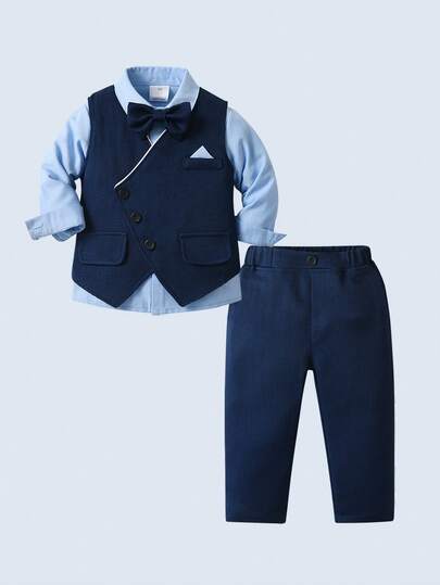 BOARNSEORL 3pcs Young Boys Gentleman Outfit Set - White Long Sleeve Shirt, Vest With Bow Tie, And Pants, Fashionable And Stylish For Birthday Party, Wedding, Anniversary Celebration