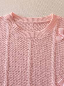 Girls & Teens' Cute Pink Bow Round Neck Twist Rope Cable Knit Pullover Sweater, Suitable For Daily, Vacation, Spring, Autumn, Winter - Pink - View 4
