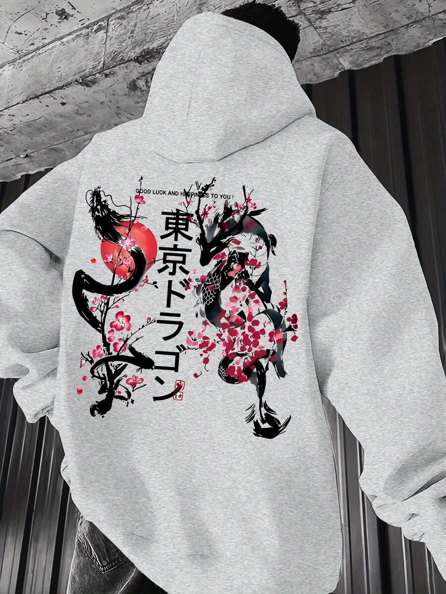 Men'S Japanese Kimono Graphic Hoodie - Light Grey Anime Pullover Sweatshirt, Regular Fit Hooded Sweater For Everyday & Themed Events, Japanese Apparel, Casual Wear, Geometric Pattern, Comfortable Material, Streetwear Lovers, Spring Fashion, Streetwear Style, Soft Material, Streetwear Enthusiasts