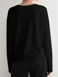 Camiseta holgada informal de color sólido, de manga larga y cuello redondo, para mujer - Negro - Ver 3