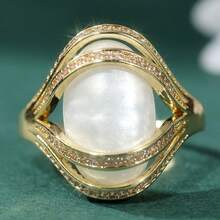 Bague vintage de luxe en or empilable avec faux moonstones pour femmes - Doré - Voir 8