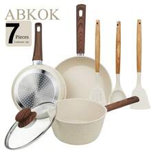 ABKOK 1pc/2pcs/3pcs/4pcs/7pcs/12pcs/15pcs Aluminium Pot Set 7.4inch Stockpot With Lid 8.3inch Wide Mouth Frying Pan 9.8inch Frying Pan Silicone Three Pieces Set Spatula Spatula Spoon Wooden Handle Suitable For Kitchen Cooking, Frying And Cooking .Multi-Piece Cookware Bundles & Single Pots Sold Separately - Mix & Match For Your Kitchen Needs