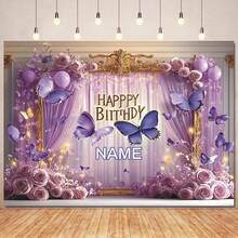 Customizable Name Butterfly Theme Happy Birthday Banner Background, Purple Curtain, Rose Gold Glitter Frame Design, Suitable For Birthday Party Cake Table Decor, Photography Backdrop, Vinyl Material ,Travel Organizer ,Bachelorette Party Favors - Type C - View 2
