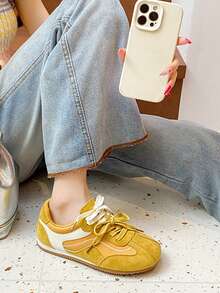 Damen Größe 35-40 einfarbige lässige, süße, preppy Schnürsneaker mit Patchwork, bequeme flache Lässig Schuhe für Gym, Campus, Urlaub, ganzjährig