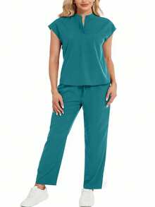 cimmuovere Stand Collar Sleeveless Loose Top And Practical Multi-Pocket Pants Uniform Set - Màu xanh Cadet - Xem 6