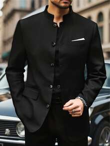 Men's Fashion Mandarin Collar Jacket, Business Suit, Pockets Unsealed, Suitable For Casual Outings - Black - View 2
