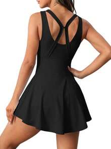 Fisoew Women's All-In-One Tennis Dress, Built-In Shorts & Pockets, Quick-Dry Sleeveless Athletic Dress For Golf & Sports Training - Black - View 7