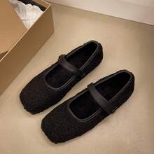 2025 Neue Vintage Quadratische Spitze Flache Einriemen Mary Jane Schuhe für Frauen, Warme Plüsch Nische Flauschige Flats