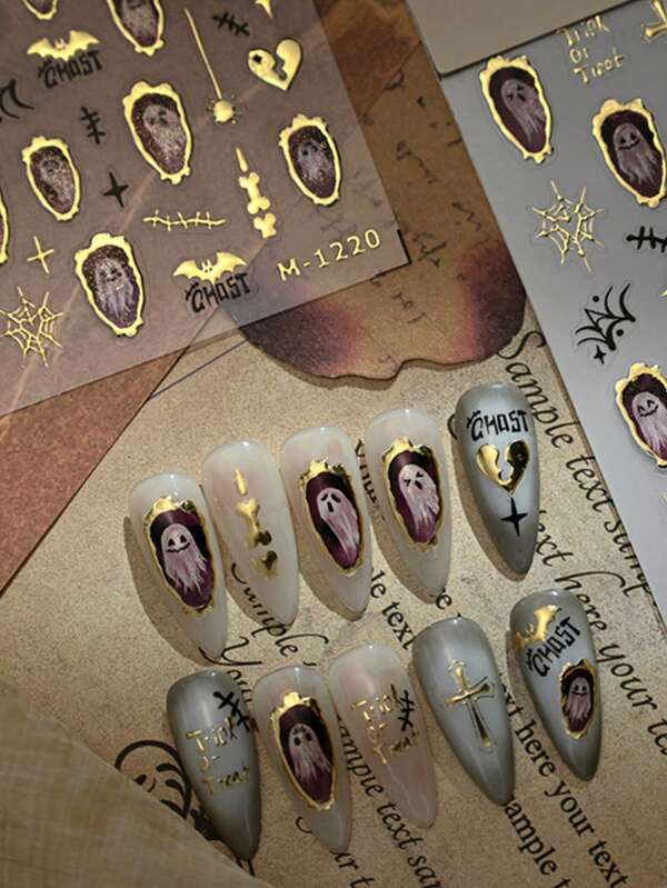 1 Sheet Spooky Cute Ghost & Cross Halloween Nail Art Stickers - Gold Spiderweb & Bone Decals For DIY Manicure, Trick Or Treat Style