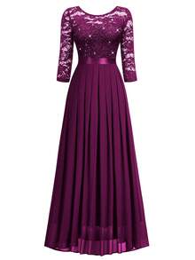 Women's Elegant Sequin Floral Lace Contrast Chiffon Pleated Hem Maxi Dress, Ruched High Waist A-Line Silhouette, Perfect For Easter, Mother Day, Formal Party, Wedding Guest, Evening , Anniversary - 紫紅色 - 查看 7