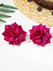 1 Pasang Anting Liontin Bunga Kain Gaya Bohemian Elegan, Cocok untuk Pakaian Sehari-hari dan Liburan, Bunga Merah - Hot Pink - View 4