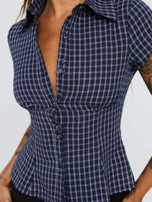 Women Y2k Button Down Shirt Top Blouse Plaid/Solid Color Short Sleeve Lapel Slim Fit Gingham T Shirts Crop Tops Summer Going Out Cropped Tees Tops Party Club Streetwear - Màu xanh hải quân - Xem 7