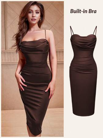 CurvySweet Vestido camisero de longitud media con cuello plisado elegante y sujetador incorporado