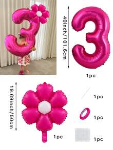 40 英寸巨型粉色气球，带有 0-9 数字和勃艮第向日葵 - 由聚酯薄膜铝箔制成，这些充满氦气的闪亮粉色气球非常适合生日派对、庆典、毕业典礼、周年纪念、淋浴和拍照。 - 玫紅色數字搭配花花氣球 - 查看 5