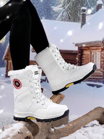 Women's White Thermal Lined Snow Boots, Fashionable Turnover Collar Fur Boots, Outdoor Hiking Boots, Fashionable Women's Boots, Lightweight Waterproof Warm High-Top Snow Boots, Cold-Resistant Outdoor Winter Shoes, Daily Casual Women's Combat Boots, Unisex Combat Boots, Size 36-44