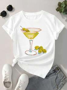 Camiseta con estampado de oliva y Martini ,Camiseta informal de algodón de verano para mujer, manga corta, cuello redondo, 220 g/m2 (1 pieza) - Blanco - Ver 2