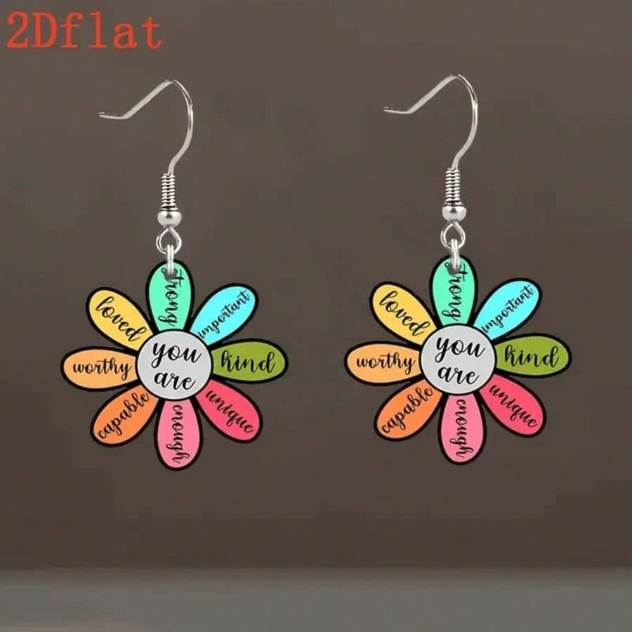 2D Floral Motivational Acrylic Pendant Earrings, Lightweight Colorful Earrings - Suitable For Women's Casual Daily Wear, Also A Perfect Gift For Holidays And Anniversaries - Multicolor - View 1