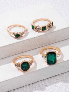 4 件套简约时尚水钻镶嵌几何创意小众女士珠宝戒指套装，适合日常佩戴和任何场合的完美礼物 - 綠色 - 查看 5