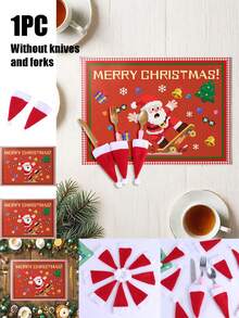 Christmas Themed Placemat With Christmas Hat Cutlery Rack, Featuring Santa Claus Printed On The Placemat, Creating A Festive Atmosphere, Mini Non-Woven Fabric Santa Claus Silverware Holders, Lollipop & Wine Bottle Toppers Decor, Dinner Table Decor For Christmas Party, Thanksgiving, And Other Festive,Easy To Clean, Durable And Wear-Resistant,Reusable, The Best Decoration For Christmas, Christmas Gift, Christmas Home