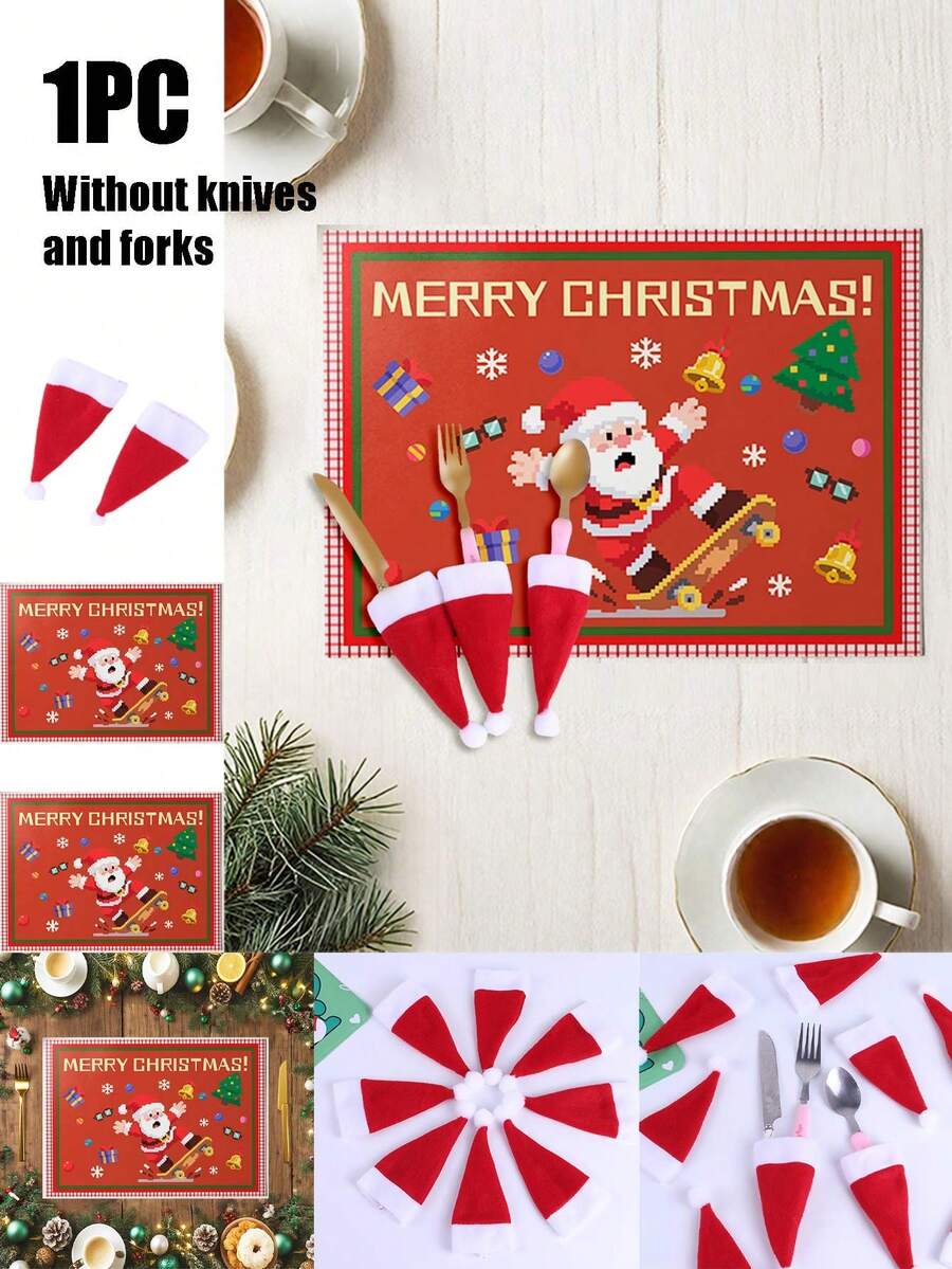 Christmas Themed Placemat With Christmas Hat Cutlery Rack, Featuring Santa Claus Printed On The Placemat, Creating A Festive Atmosphere, Mini Non-Woven Fabric Santa Claus Silverware Holders, Lollipop & Wine Bottle Toppers Decor, Dinner Table Decor For Christmas Party, Thanksgiving, And Other Festive,Easy To Clean, Durable And Wear-Resistant,Reusable, The Best Decoration For Christmas, Christmas Gift, Christmas Home