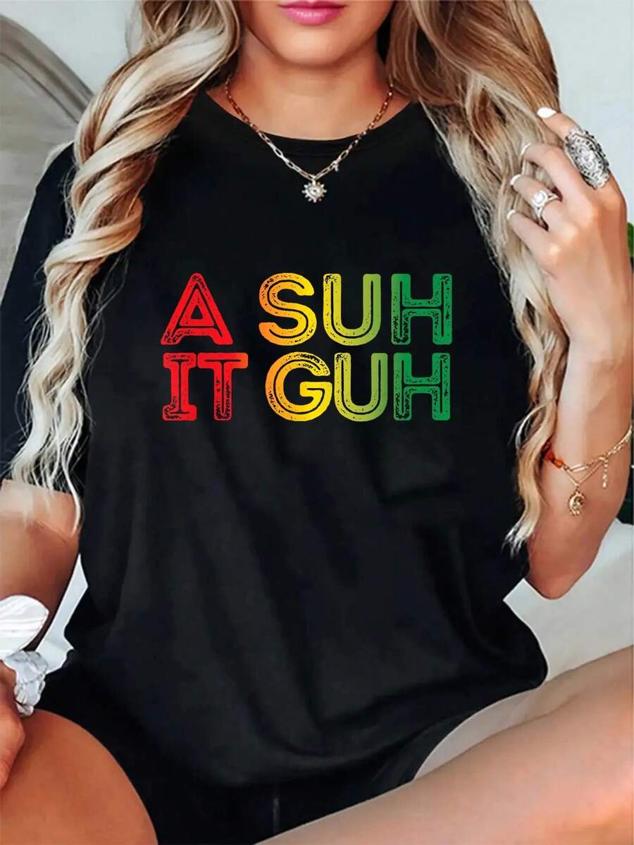 100% Cotton A Suh It Guh Jamaica Patois Funny Jamaican Slang Souvenir T-Shirt Women's Summer Vacation Soft Tee Grahpic Vintage Casual Tops - 黑色 - 查看 1