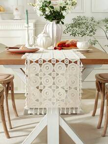 ABEST6522 Home&Living store 1pc Vintage Crochet Tassel Table Runner, Suitable For Dining Table, Coffee Table, Cabinet, Candle Mat, Vase Mat, Anti-Fouling Place Mat, Home Decor, Holiday Decoration, Camping Decor, Party, Wedding, Multi-Size Available - Beige - View 16