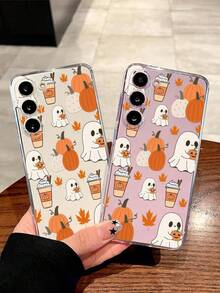 1pc Halloween Pumpkin & Maple Leaf Cake Ghost Transparent Soft Protective Phone Case, Anti-Fall Anti-Slip, Compatible With Galaxy A04e/A05s/A13/A14/A15/A34/A35/A50/A52/A53/A54/S21/S22/S23/S24/S25/S25Ultra, Great Gift For Family, Friends, Lover