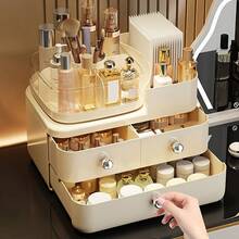 CASEGRACE 1 pièce Organisateur de maquillage à 3 niveaux grande capacité avec tiroirs - Boîte de rangement cosmétique portable, design compact en plastique durable pour la coiffeuse, la salle de bain et le bureau - Rangement pour rouge à lèvres, soins de la peau, pinceaux. Construction robuste, organisateur de rangement cosmétique, finition lisse, boutons métalliques