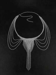 迷人的天使翅膀身体链，镶嵌闪亮水钻 - 性感闪亮流苏胸链，适合派对、T台和节日 - 銀色 - 查看 6