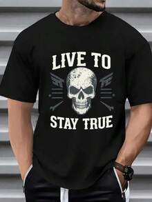 Men'S Skull Graphic T-Shirt - Live To Stay True Motif, Black Streetwear Style Short Sleeve Tee, Soft & Breathable Fabric, Perfect For Gym, Casual Wear, And Summer Outfits, Gym Apparel Bold Graphic Tee Comfortable Fit, Round Neck, Regular Fit, All-Season, Adult, Casual Wear Tee | Bold Graphic Tee | Comfortable Fit Shirt, Skull T Shirt,Nightmare Before Christmas,Christmas,Halloween Costumes,Funny T Shirts,Summer Outfits,Thanksgiving Day,Men Graphic Tees,Streetwear Men - màu đen - Xem 1