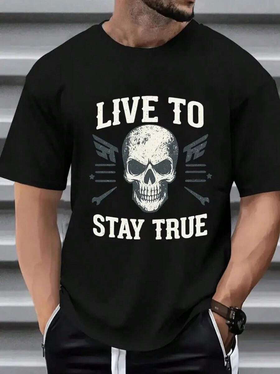 Men'S Skull Graphic T-Shirt - Live To Stay True Motif, Black Streetwear Style Short Sleeve Tee, Soft & Breathable Fabric, Perfect For Gym, Casual Wear, And Summer Outfits, Gym Apparel Bold Graphic Tee Comfortable Fit, Round Neck, Regular Fit, All-Season, Adult, Casual Wear Tee | Bold Graphic Tee | Comfortable Fit Shirt, Skull T Shirt,Nightmare Before Christmas,Christmas,Halloween Costumes,Funny T Shirts,Summer Outfits,Thanksgiving Day,Men Graphic Tees,Streetwear Men - màu đen - Xem 1