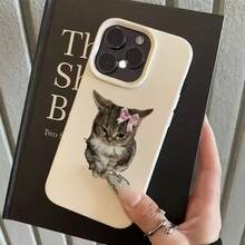 1pc White Matte Textured Cute Cat With Pink Bow Phone Case, Compatible With Iphone 16 Pro Max, 15, 14 Plus, 13, 12, 11, Series - Multicolor - View 4