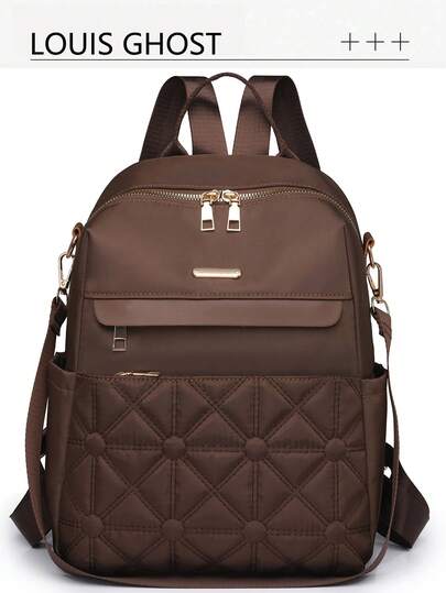 Women's Solid Color Minimalist Large Capacity Backpack, PU Leather Casual Versatile Shoulder Bag, Letter Embossed Design, Commuter & Mom Bag