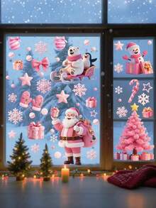 52 Stück - Rosa Weihnachts Fensteraufkleber, rosa Schneeflocken, Weihnachtsmann und Weihnachtsbaum Design, Weihnachtsmann, Schneemann Aufkleber - Schneeflocken, Bäume, Geschenke, dekorative Glastür Aufkleber - doppelseitiger Klebstoff-freier wiederverwendbarer Weihnachts Fensteraufkleber für Feiertags Dekorationen ohne Strom, federfreie Feiertags Dekorationen für Weihnachten und Neujahr, Heim, Büro und Party Dekorationen, Weihnachtsdekorationen - Pink - Übersicht 5
