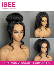 ISEE Invisi Draw-Strings Kinky Straight 360 Glueless Wig Pre-Cut Lace InvisiFit Strap Wear Go Wig Human Hair Pre Plucked Pre Bleached 180% Density 360 Full Lace Front Wigs 14-28 Inch