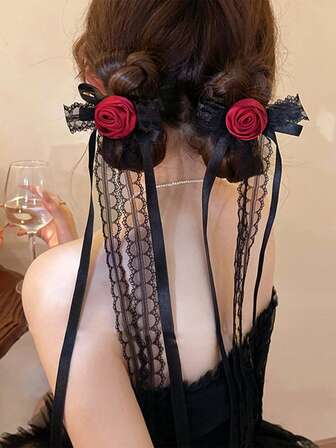 1pc Dark Red Rose Lace Long Ribbon Tassel Hair Clip, Bowknot Design Fashion Unique Gothic Lolita Headdress, Suitable For Casual And Formal Occasions, Party & Festival Essential, Hair Accessory, Claw Clips, Hair Claws, Clips For Hair, Hair Slide, Hair Barrettes, Bows, Cute, Christmas Outfit For Women