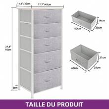 BALCONERA Light Grey Narrow Fabric Chest Of Drawers With 5 Drawers – Modern Storage Cabinet For Bedroom, Living Room & Hallway - 淺灰色 - 查看 7
