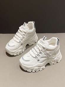 White Platform Casual Sneakers For Women, Comfortable Wedge Heel Shoes - Grey - View 2