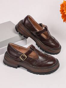 女士新款洛丽塔风粗跟玛丽珍鞋，英伦复古圆头防滑底乐福鞋，新款学院风商务正装通勤平底鞋，棕色 - 棕色 - 查看 17