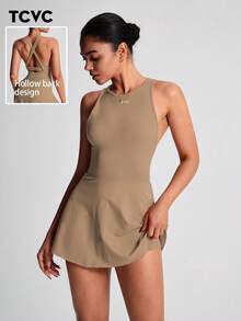TCVC 女式吊带背心工字背运动连衣裙，纯色交叉后背，搭配安全短裤，圆领网球裙，室内外运动瑜伽，亲肤面料，紧身塑形 - 卡其色 - 查看 1