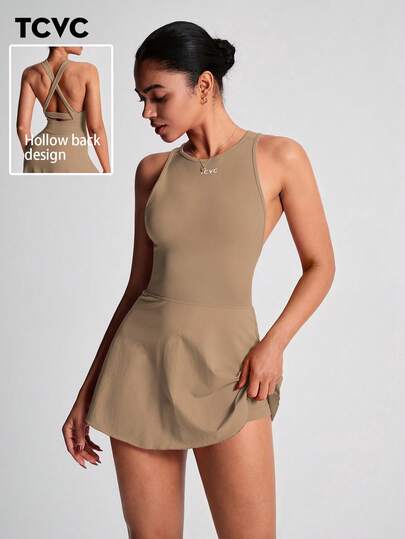 TCVC Women's Camisole Racerback Sports Dress, Solid Criss-Cross Back, With Safety Shorts, Round Neck Tennis Dress, Indoor Outdoor Sports Yoga, Skin-Friendly Fabric, Tight-Fitting Shaping Figure