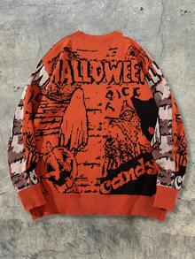 Men's Casual Loose Minimalist Halloween Themed Cartoon & Letter Print V-Neck Button-Up Long Sleeve Cardigan Sweater, Autumn/Winter