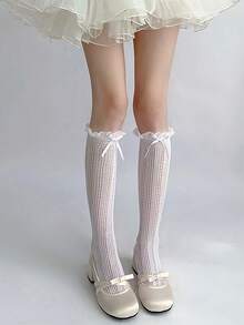 Fashionable Cream White Women's Hollow Jacquard Mushroom Edge Bow Long Socks Japanese Retro Sweet Style Vertical Pattern Leg Socks Women's Summer Thin Cute Fashion Socks