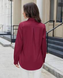 Button Down Shirts Women Dress Shirt Cotton Long Sleeve Collared Business Work Office Blouse Top (Note: Here, "Siliteelon" Is Assumed To Be A Brand Name So It Is Omitted, And Popular Word "" Is Added Optimization) - 酒紅色 - 查看 2