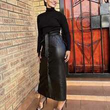 Women's Solid Color Pu Leather Skirt With Belt Women Outfit Fall Cloth For Women Winter Autumn A-Line Skirt, PU Leather Long Elegant Skirt