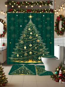 1 pieza/4 piezas Juego de baño de árbol de Navidad verde oscuro, incluye cortina de ducha, alfombra de inodoro, alfombra de baño, etc. Hecho de tela de poliéster impermeable y duradera. Decorado con patrones de árbol de Navidad, estrellas y copos de nieve. Adecuado para agregar un ambiente navideño al baño, especialmente para la temporada navideña.