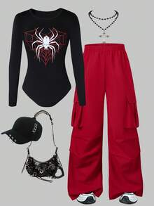 2 Stücke Mädchen Halloween Muster Langarm Strick-Jumpsuit mit Knopfleiste oben und Cargohose, Herbst
