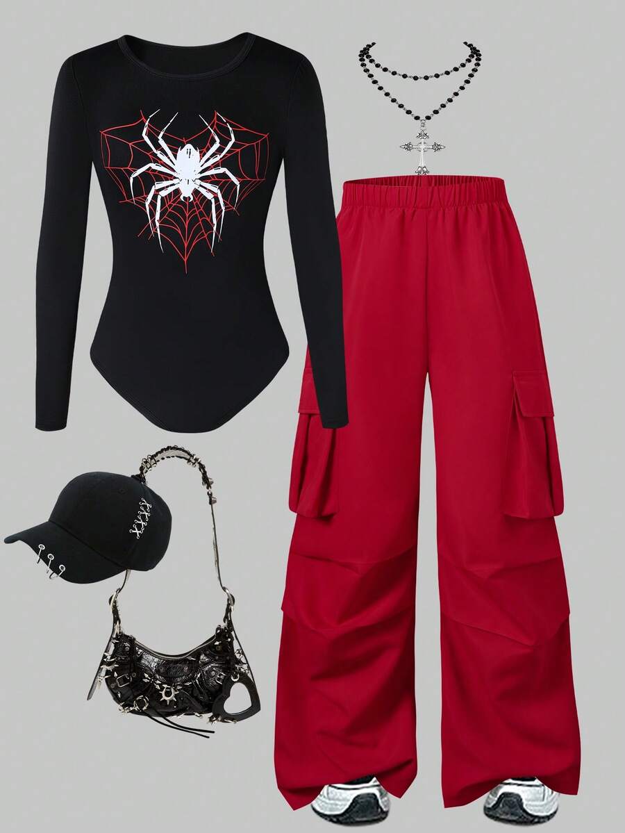2 Stücke Mädchen Halloween Muster Langarm Strick-Jumpsuit mit Knopfleiste oben und Cargohose, Herbst