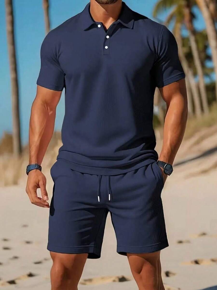 Men's Polo Shirt And Shorts Set Breathable Casual Summer Beach - Navy Blue - View 1